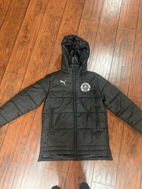 Soccer Puma Black Quilted Hooded Jacket with Team Patch